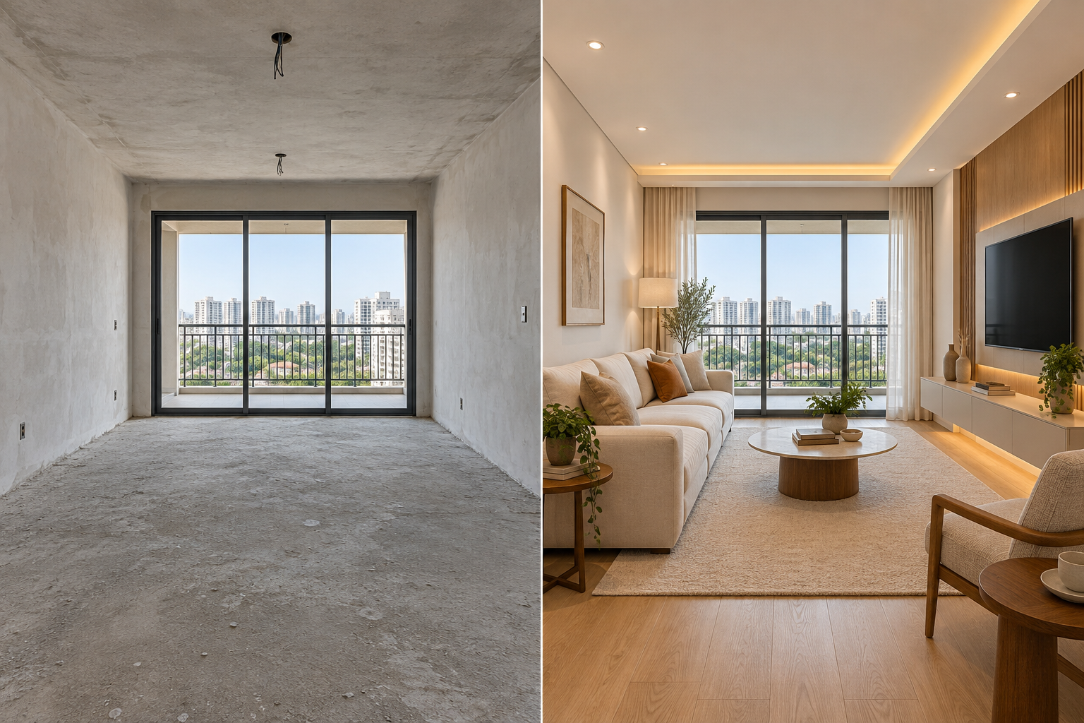 Comparação ilustrativa do mesmo apartamento: à esquerda, vazio, com contrapiso de concreto e sem acabamentos; à direita, reformado com piso de madeira, iluminação, sofá e decoração.