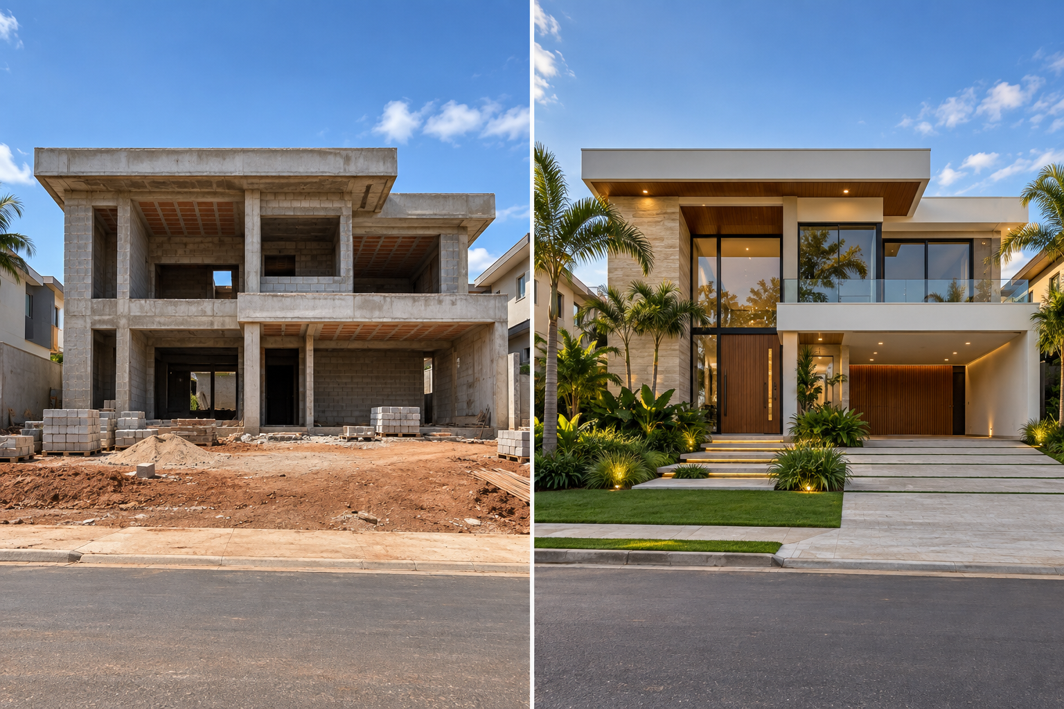 Comparação ilustrativa da mesma casa de alto padrão: à esquerda, em construção, com estrutura de concreto, alvenaria e terreno sem acabamento; à direita, concluída com fachada contemporânea, grandes janelas, paisagismo e iluminação.